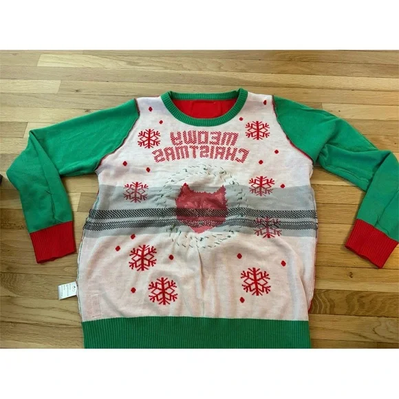 Tipsy Elves Meowy Christmas Adorable Kitten in a Wreath Holiday Pullover Sweater - Picture 5 of 14